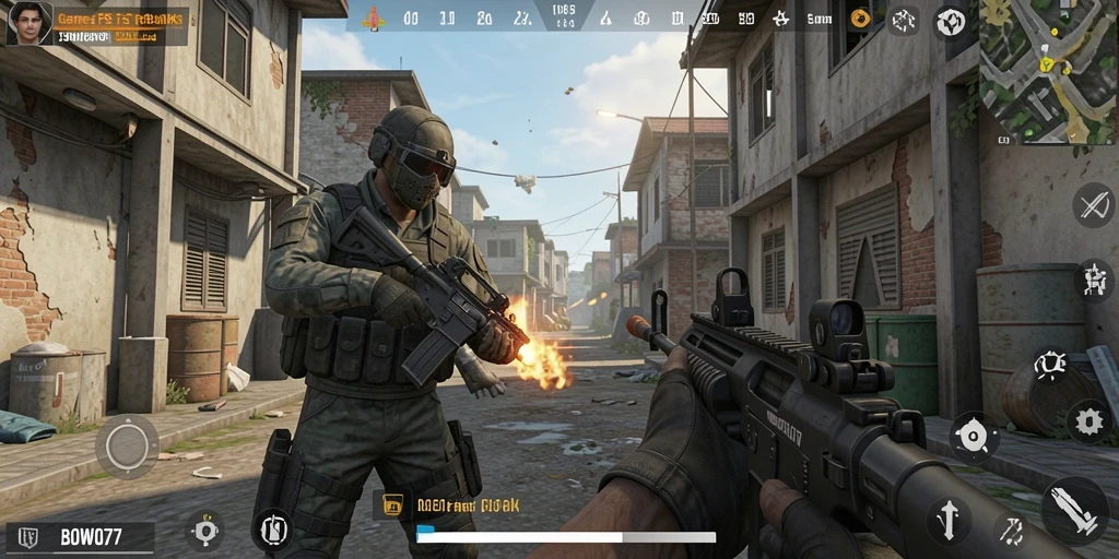Menampilkan aksi seru dalam gameplay FPS BOWO77.