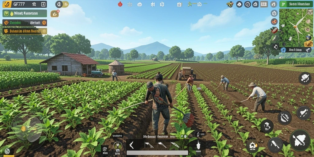 Screenshot gameplay GF777 menampilkan aktivitas bertani yang menggembirakan.