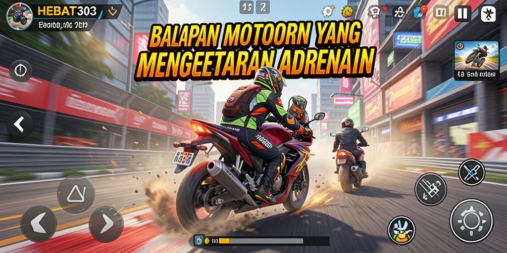 Screenshot HEBAT303 menampilkan aksi menegangkan dalam balapan motor.