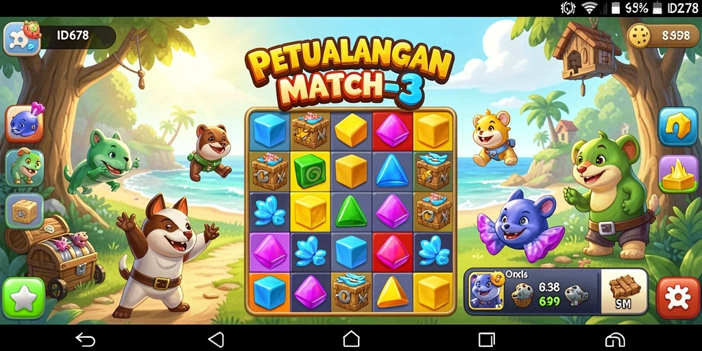 Screenshot menunjukkan momen seru gameplay Match-3 ID678.