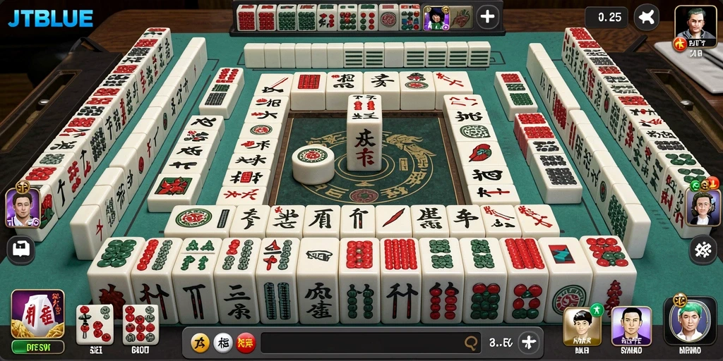 Screenshot JTBLUE dengan tampilan ubin Mahjong yang berwarna-warni.
