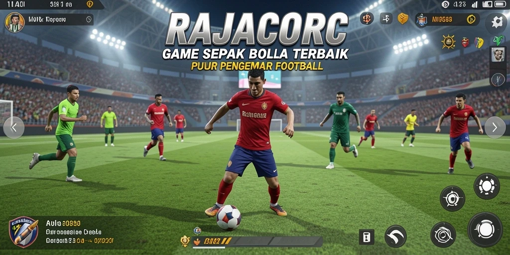 Screenshot gameplay RAJACORC menampilkan aksi sepak bola yang mendebarkan.