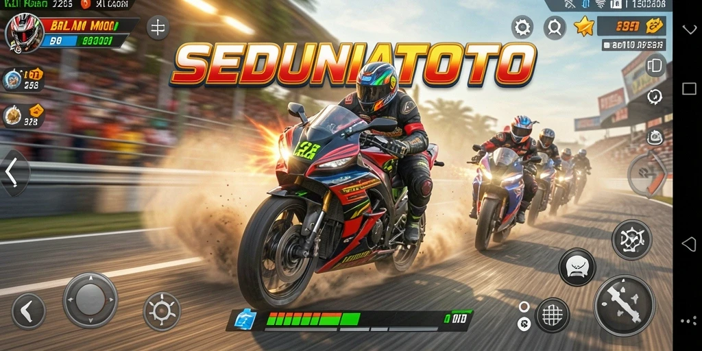Tampilan gameplay menegangkan saat balapan motor di SEDUNIATOTO.