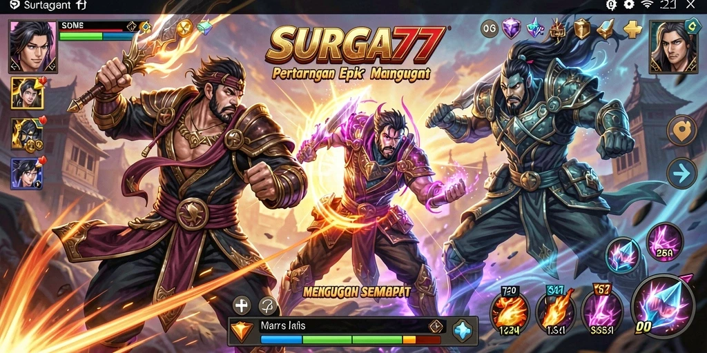 Gameplay SURGA77 menampilkan pertarungan yang seru dan karakter yang beragam.