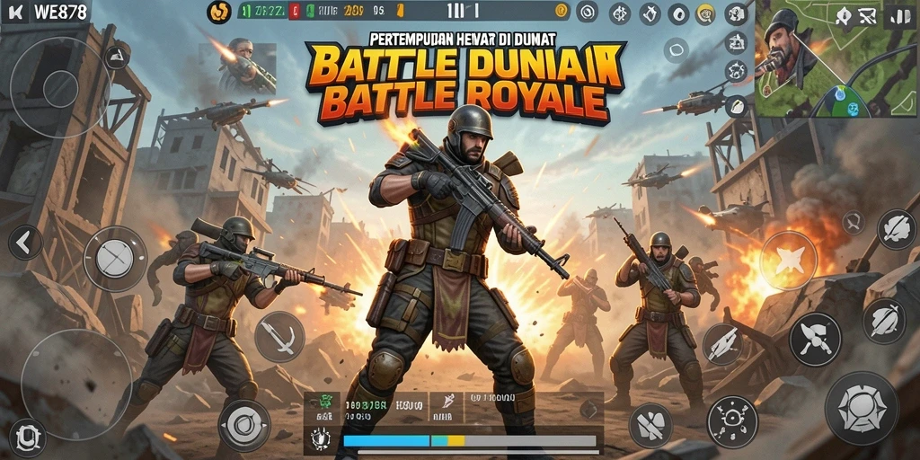 Screenshot WE878 menunjukkan aksi seru dalam pertempuran Battle Royale.
